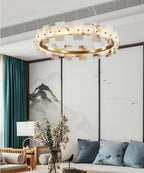 Alabaster Halo Chandelier — Brass Ring Alabaster Ceiling Light for Dining Room