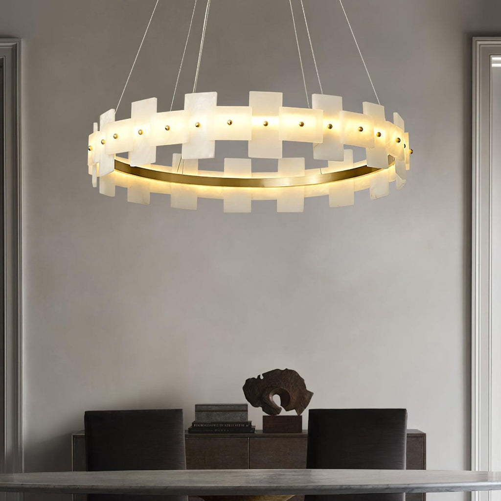 Alabaster Halo Chandelier — Brass Ring Alabaster Ceiling Light for Dining Room