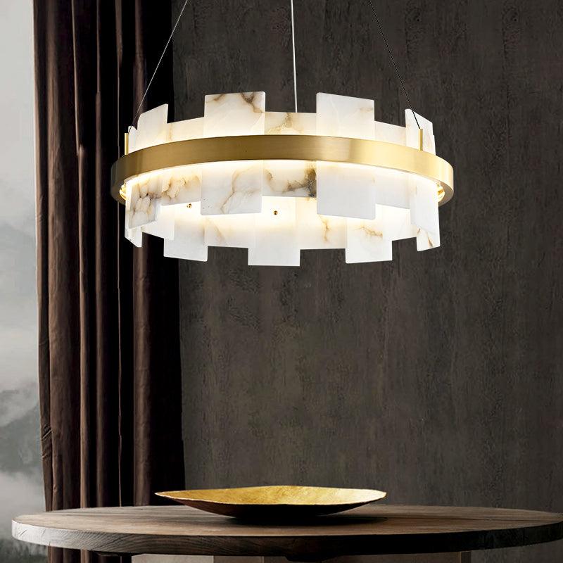 Alabaster Halo Chandelier — Brass Ring Alabaster Ceiling Light for Dining Room
