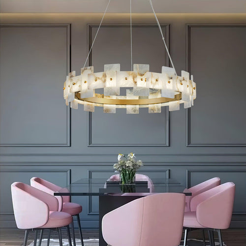 Alabaster Halo Chandelier — Brass Ring Alabaster Ceiling Light for Dining Room