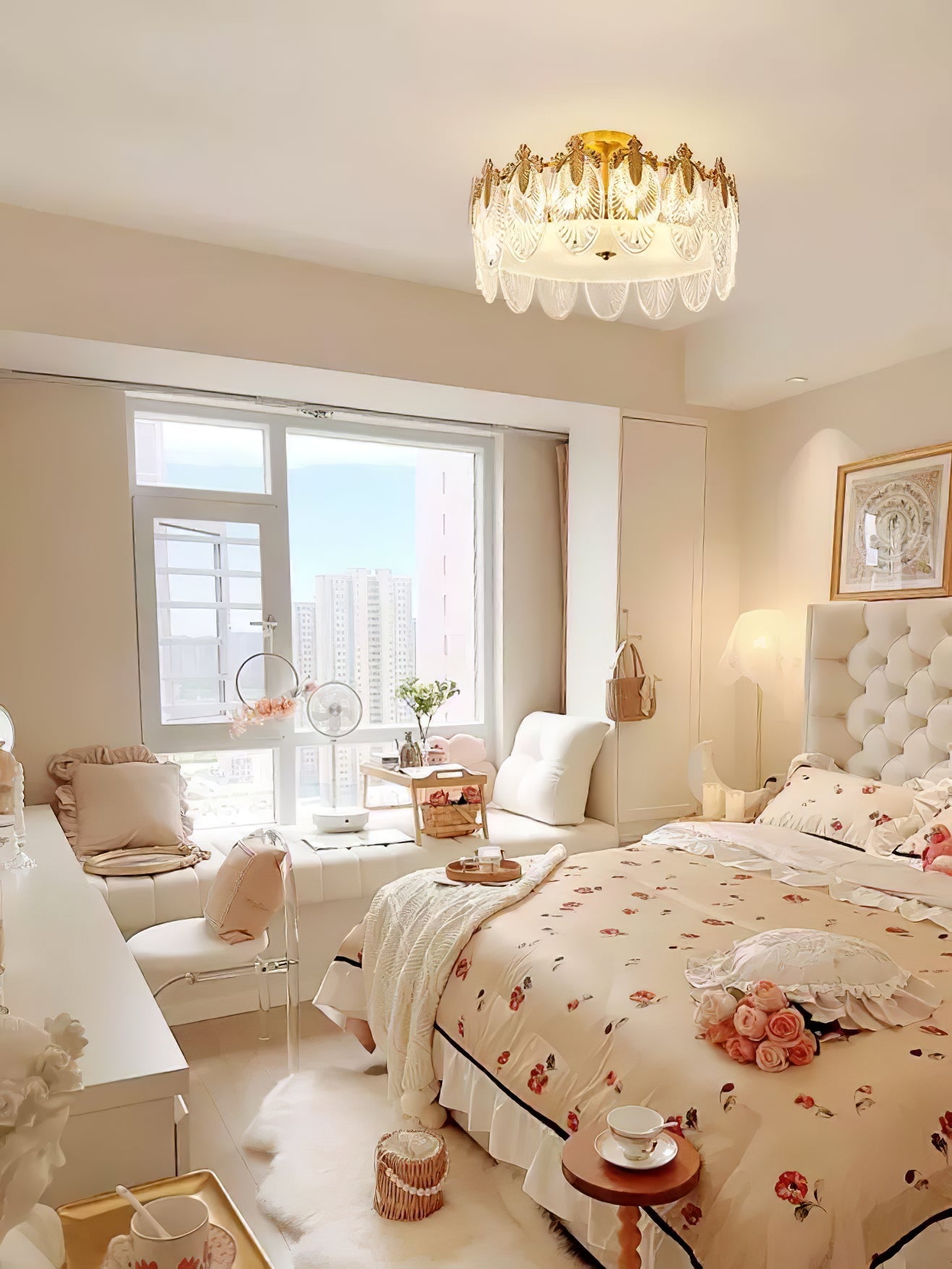 Decorative Pattern Glass Round Chandelier — Petal Glass Dome Ceiling Light