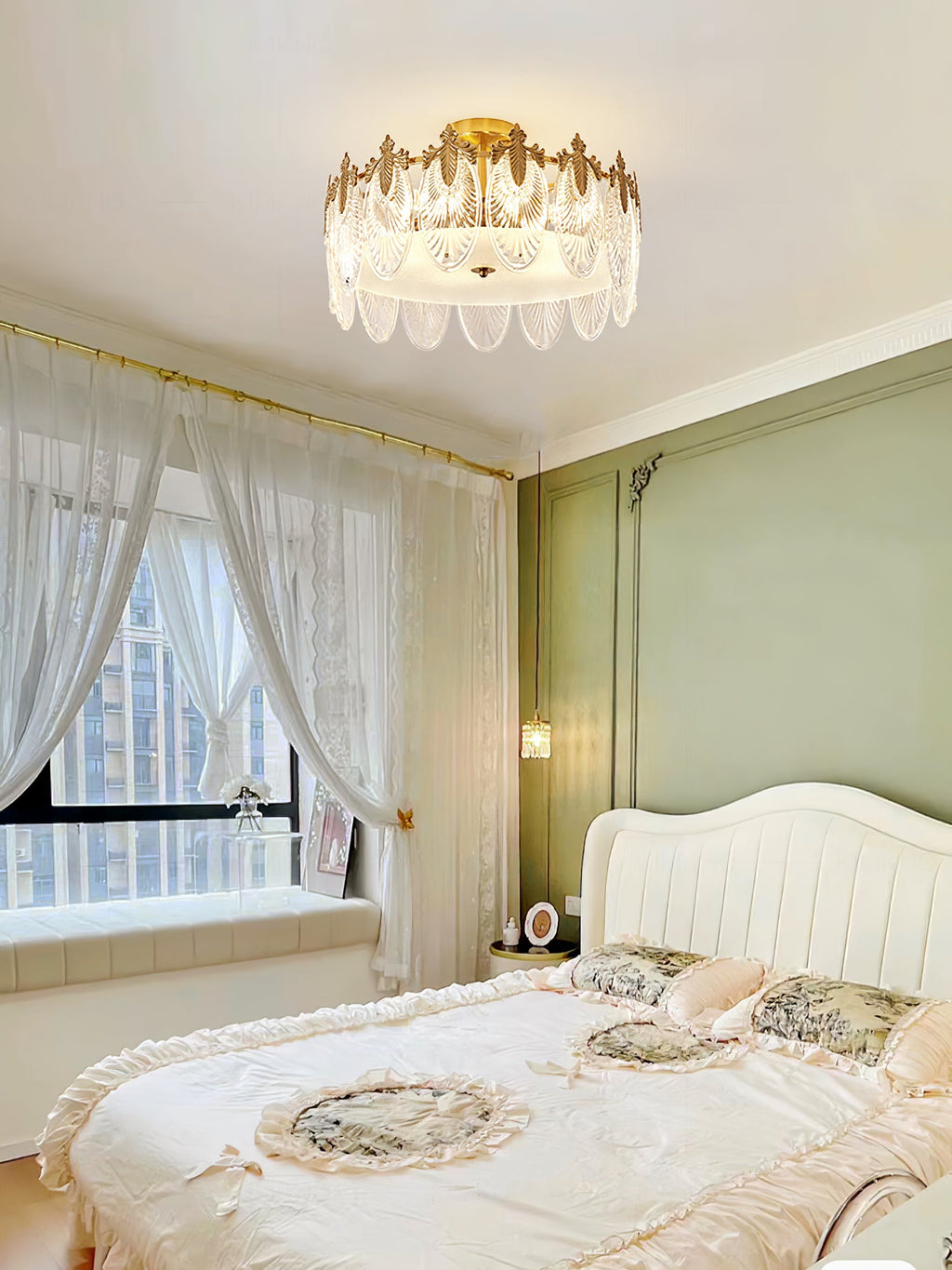 Decorative Pattern Glass Round Chandelier — Petal Glass Dome Ceiling Light