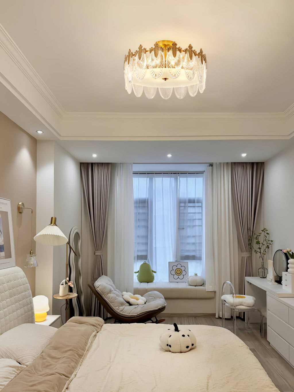 Decorative Pattern Glass Round Chandelier — Petal Glass Dome Ceiling Light