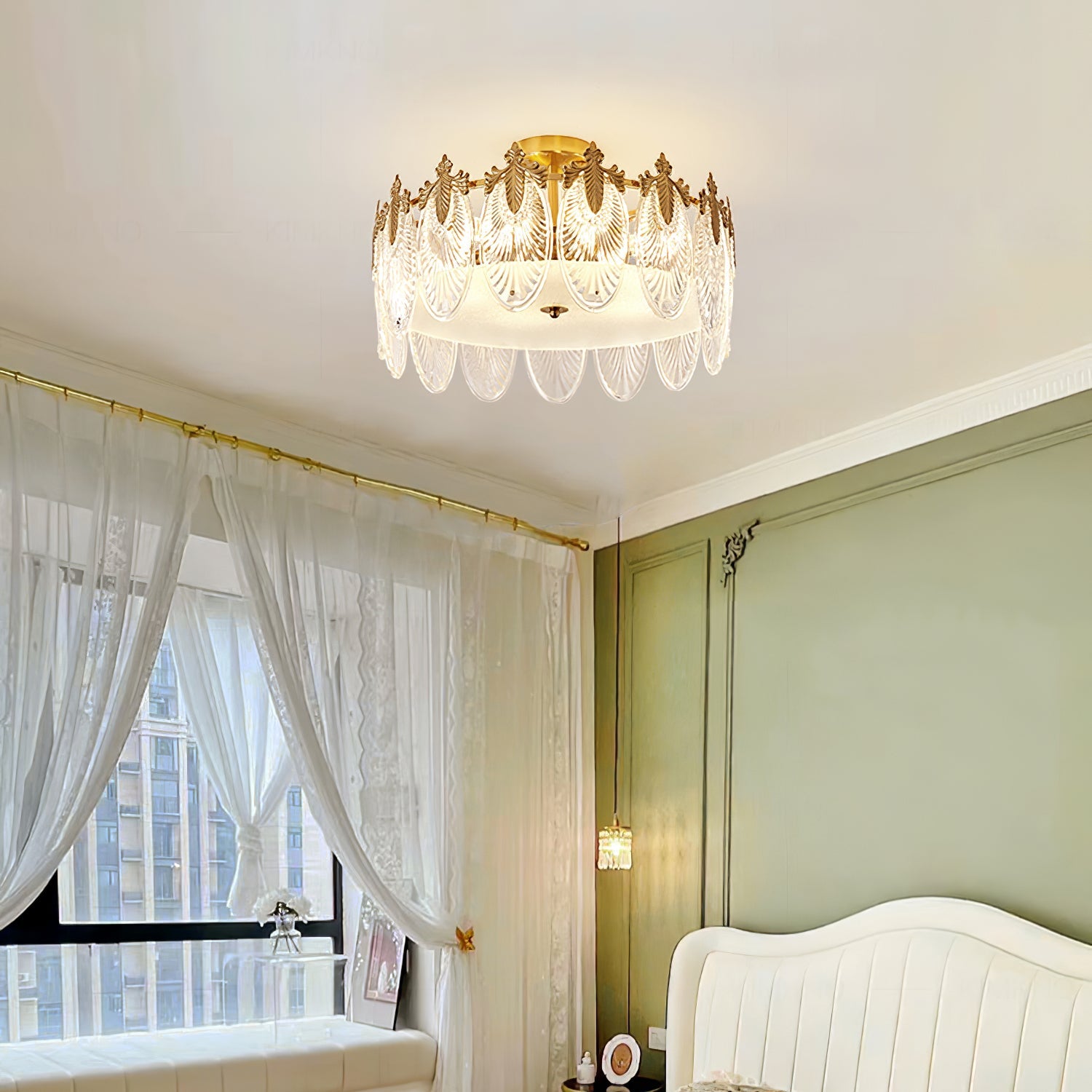 Decorative Pattern Glass Round Chandelier — Petal Glass Dome Ceiling Light