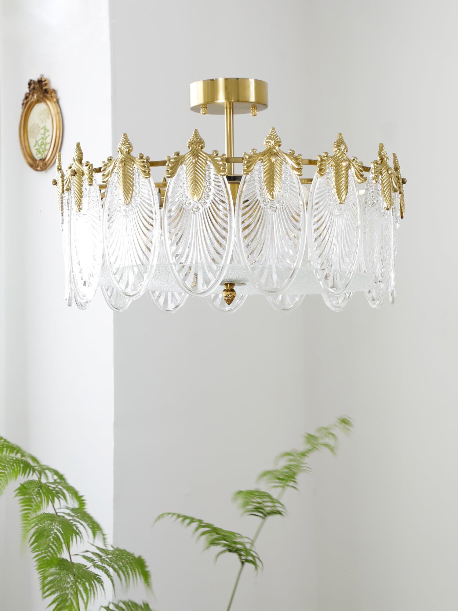 Decorative Pattern Glass Round Chandelier — Petal Glass Dome Ceiling Light