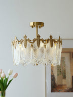 Decorative Pattern Glass Round Chandelier — Petal Glass Dome Ceiling Light