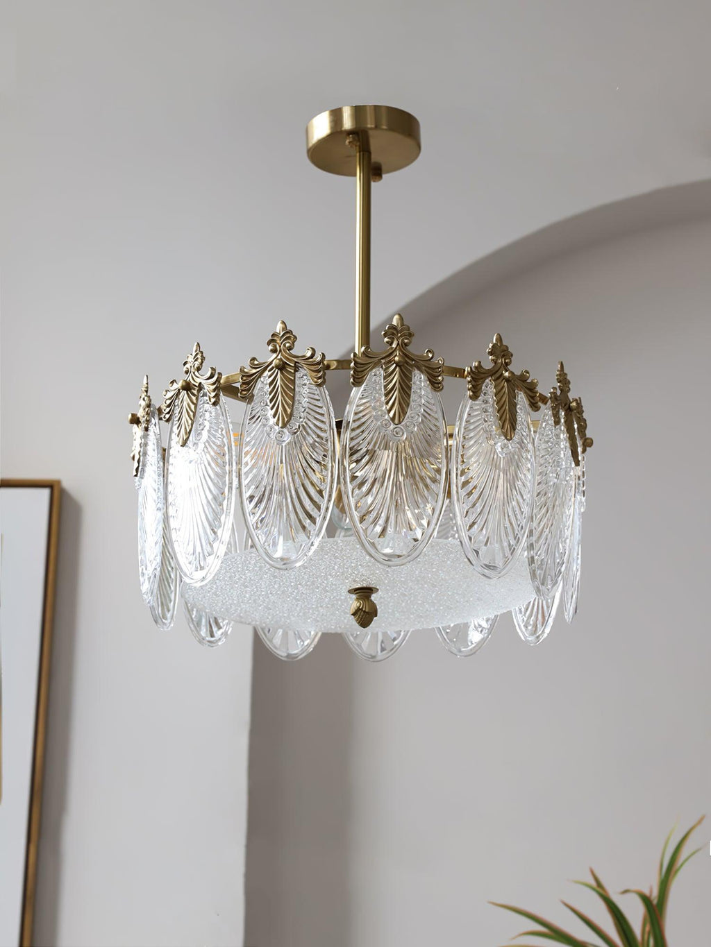 Decorative Pattern Glass Round Chandelier — Petal Glass Dome Ceiling Light
