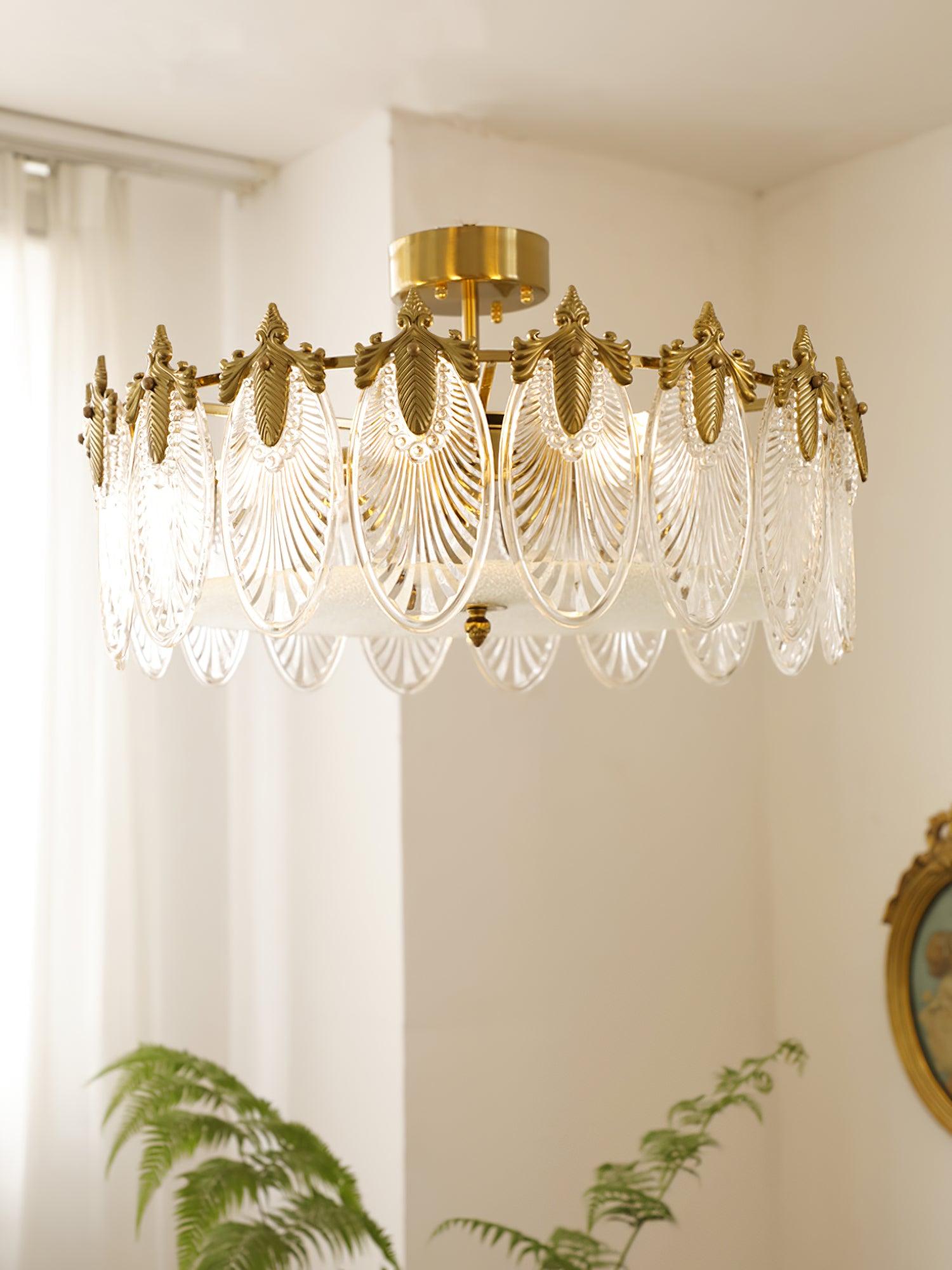 Decorative Pattern Glass Round Chandelier — Petal Glass Dome Ceiling Light