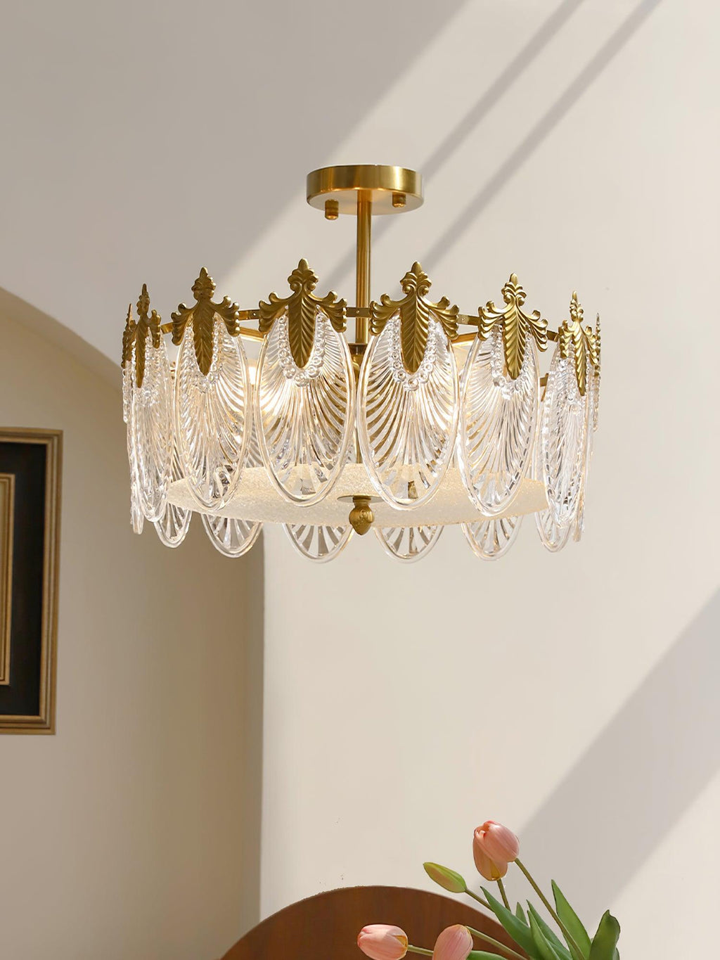 Decorative Pattern Glass Round Chandelier — Petal Glass Dome Ceiling Light