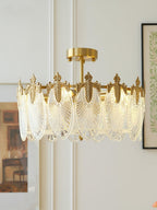Decorative Pattern Glass Round Chandelier — Petal Glass Dome Ceiling Light