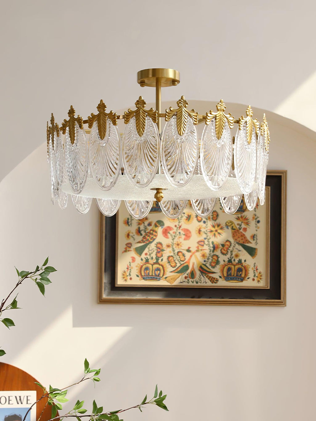 Decorative Pattern Glass Round Chandelier — Petal Glass Dome Ceiling Light