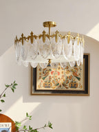 Decorative Pattern Glass Round Chandelier — Petal Glass Dome Ceiling Light
