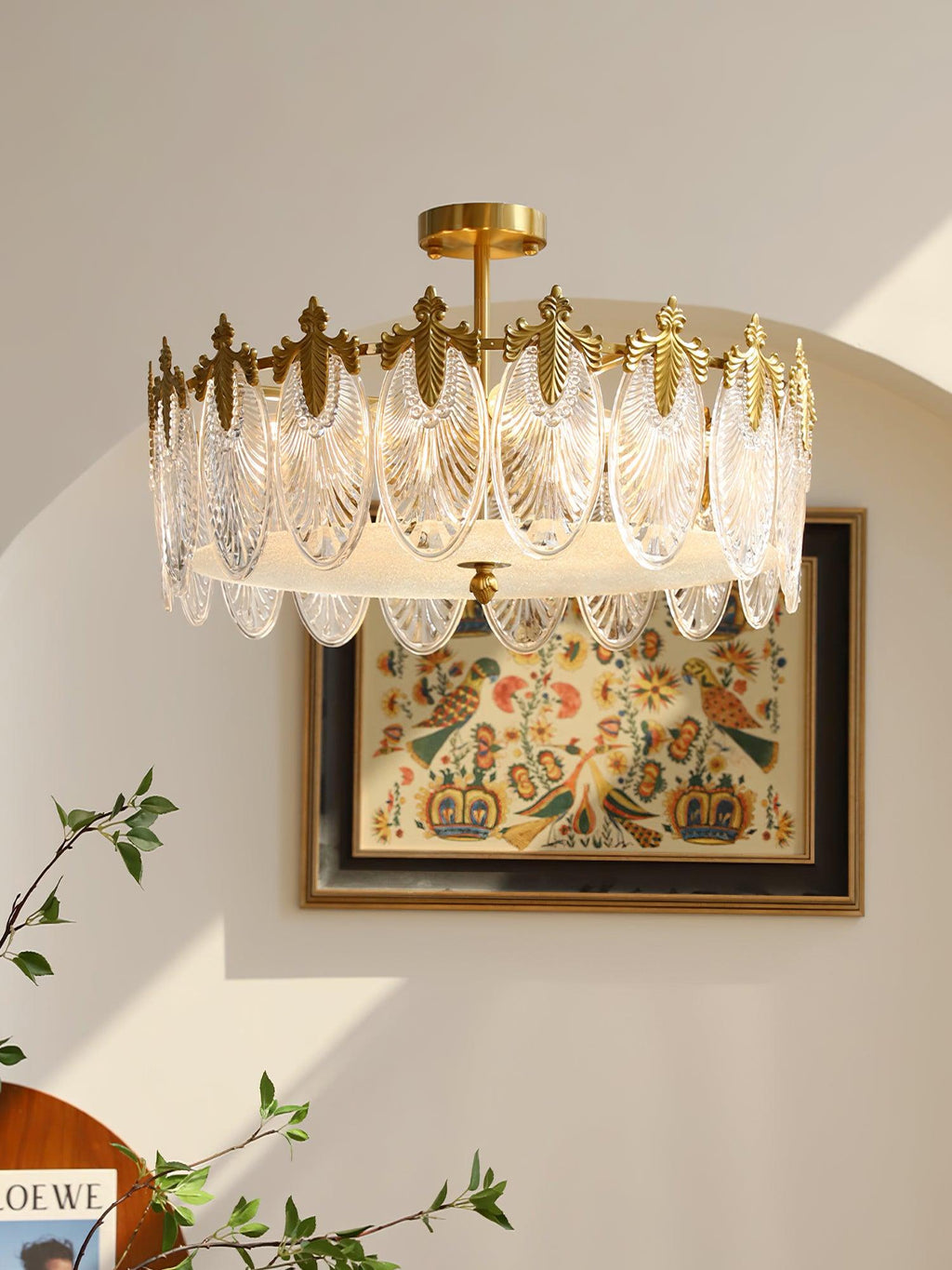 Decorative Pattern Glass Round Chandelier — Petal Glass Dome Ceiling Light