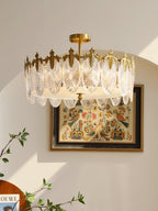 Decorative Pattern Glass Round Chandelier — Petal Glass Dome Ceiling Light