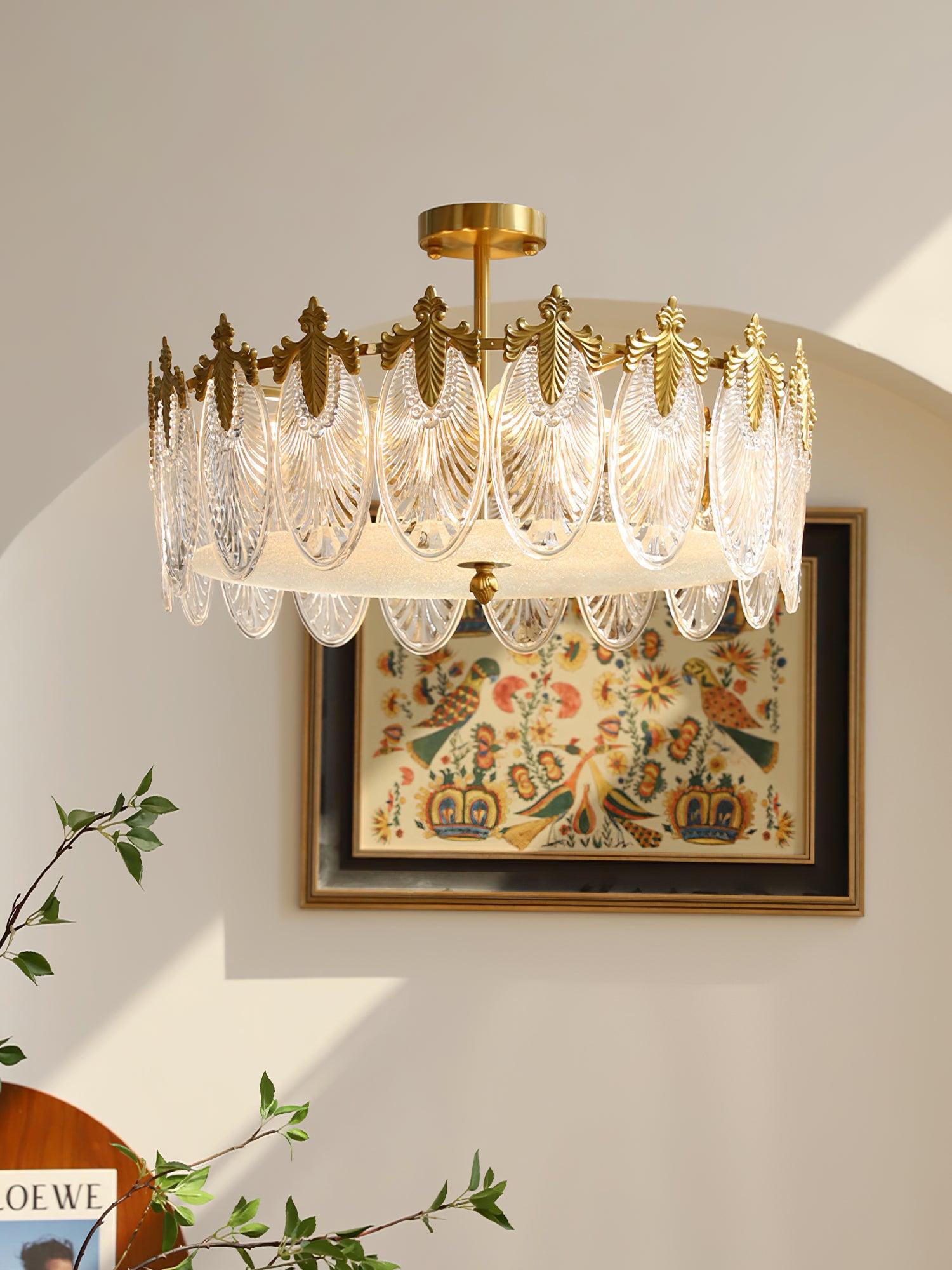 Decorative Pattern Glass Round Chandelier — Petal Glass Dome Ceiling Light