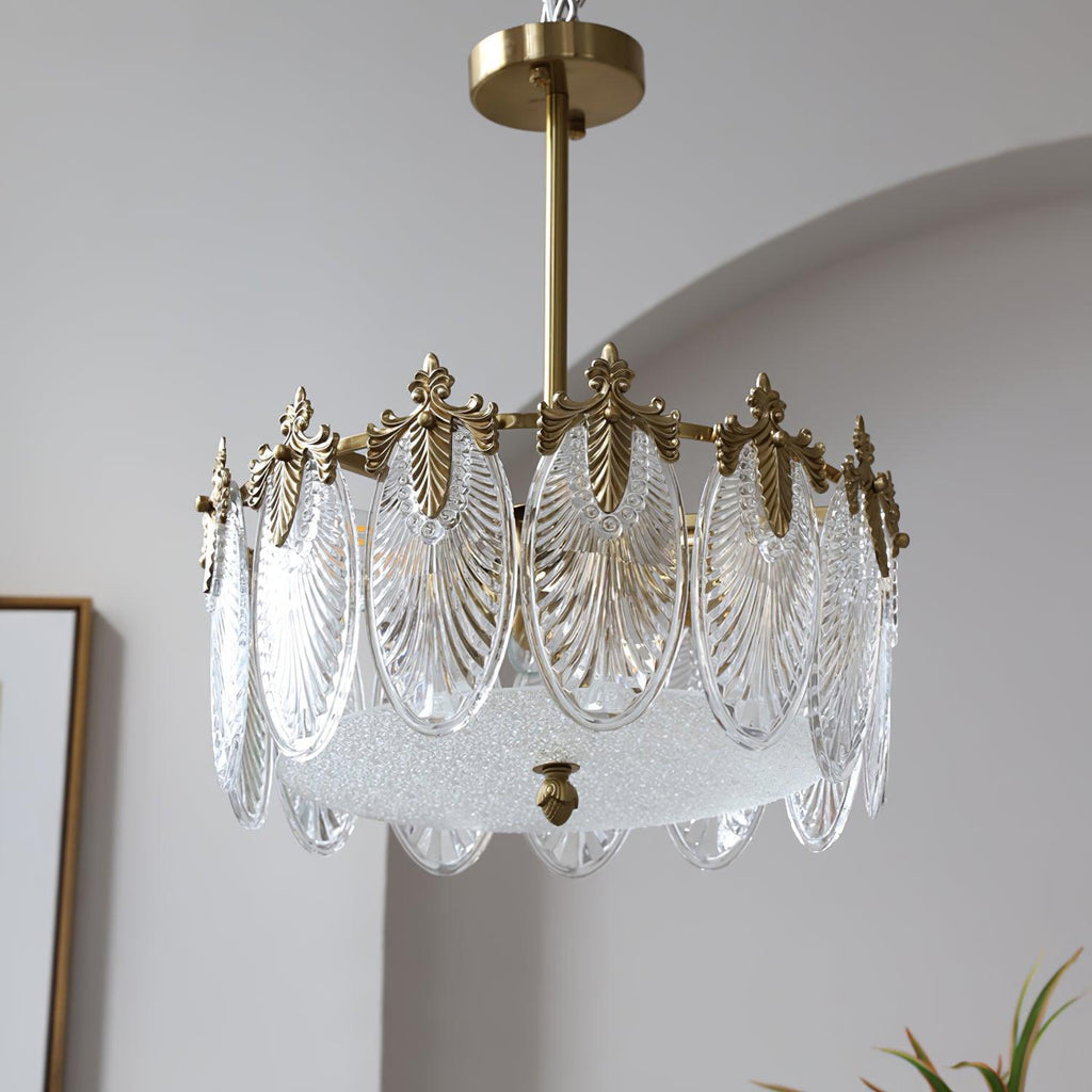 Decorative Pattern Glass Round Chandelier — Petal Glass Dome Ceiling Light