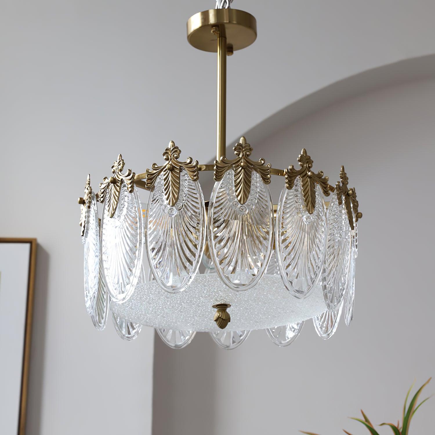 Decorative Pattern Glass Round Chandelier — Petal Glass Dome Ceiling Light