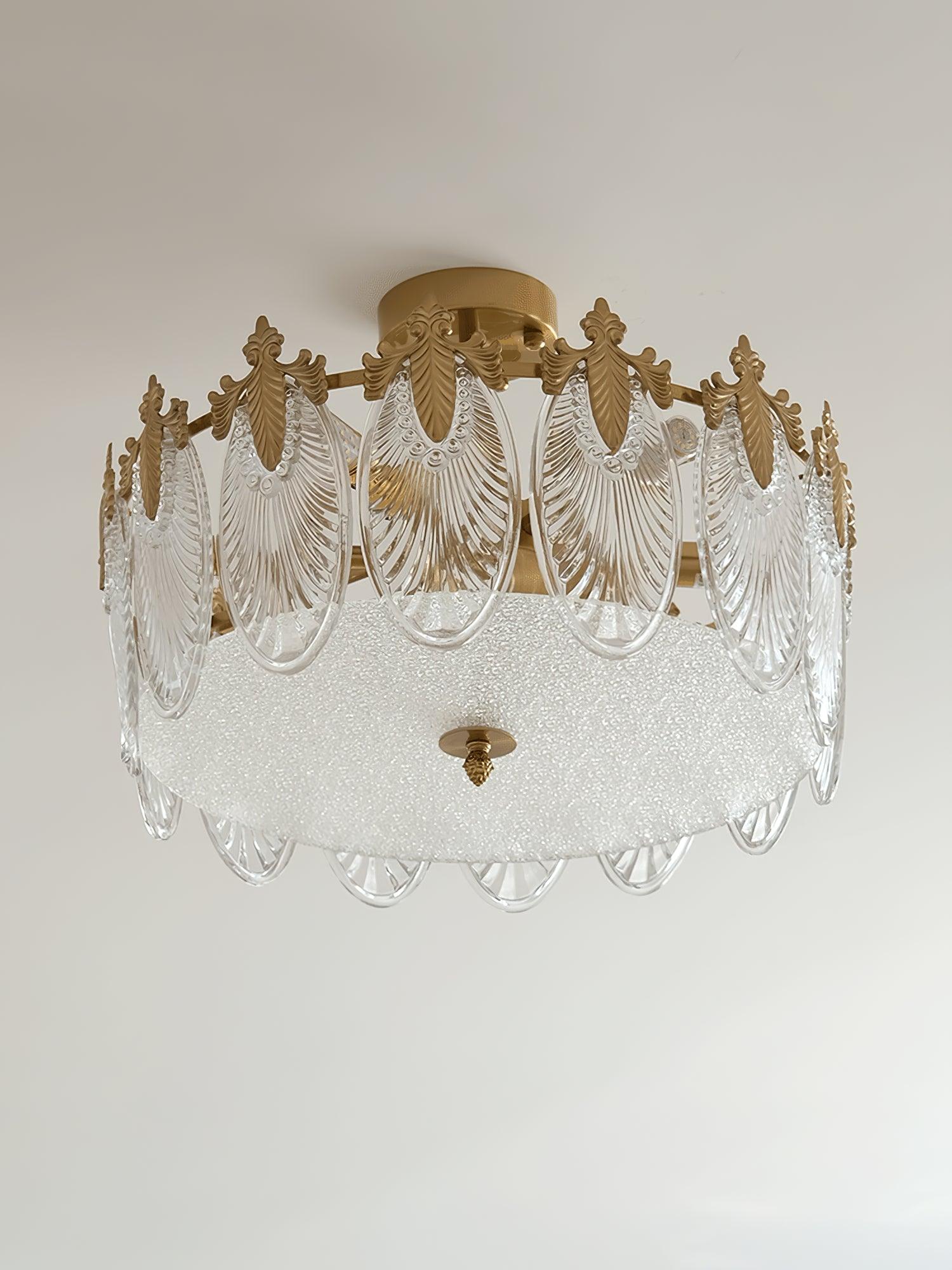 Decorative Pattern Glass Round Chandelier — Petal Glass Dome Ceiling Light