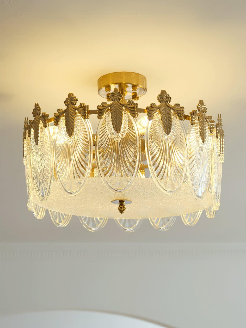 Decorative Pattern Glass Round Chandelier — Petal Glass Dome Ceiling Light