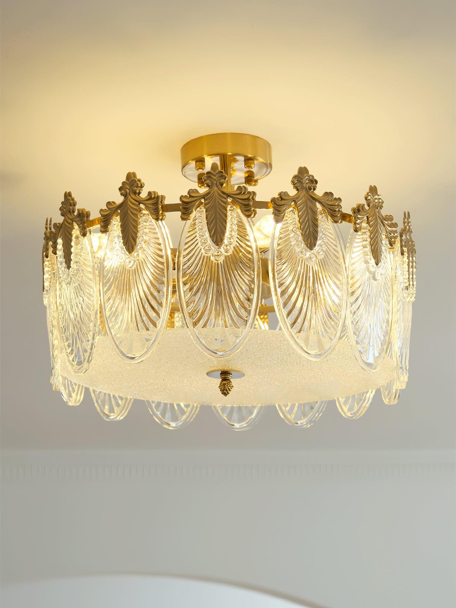 Decorative Pattern Glass Round Chandelier — Petal Glass Dome Ceiling Light