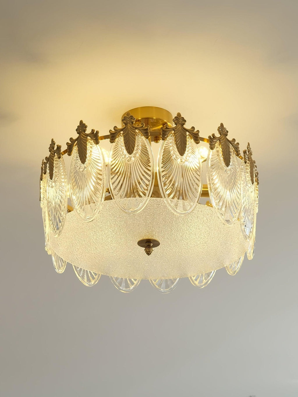 Decorative Pattern Glass Round Chandelier — Petal Glass Dome Ceiling Light