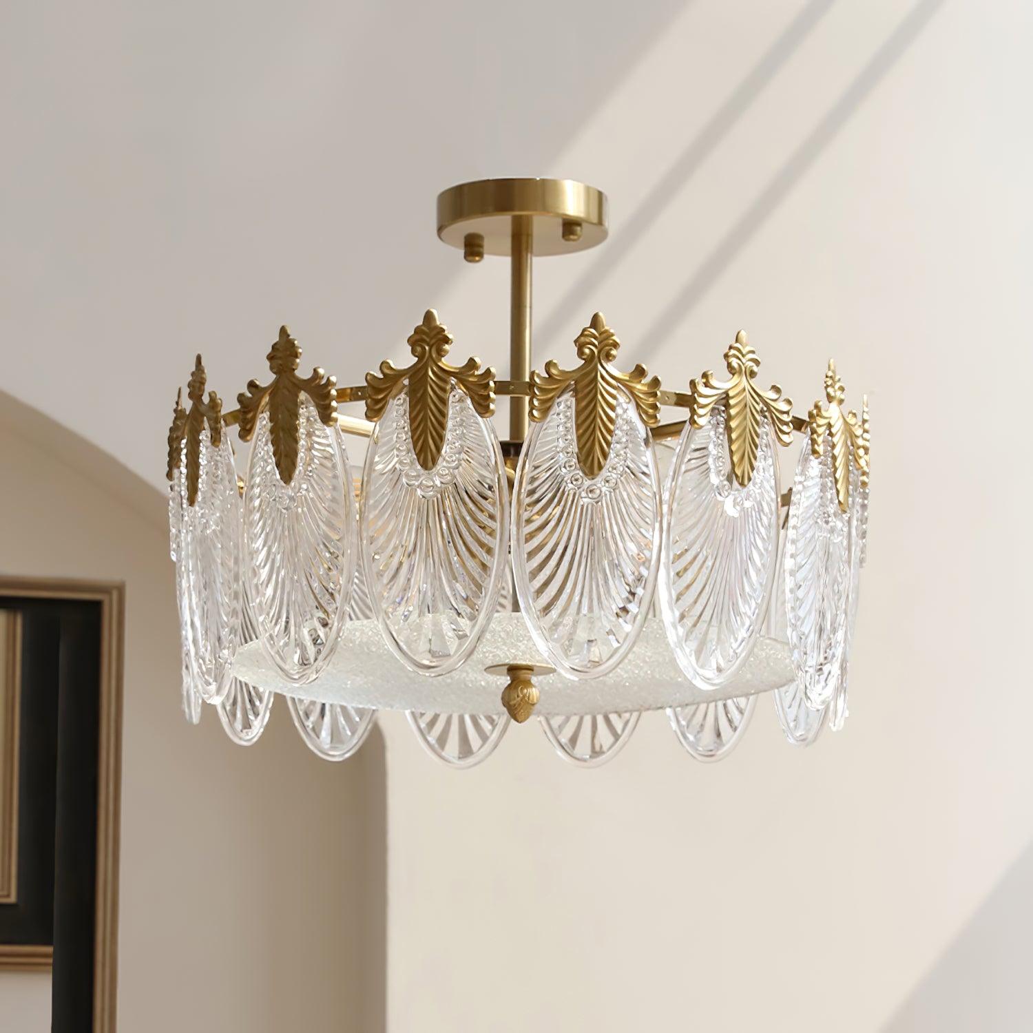 Decorative Pattern Glass Round Chandelier — Petal Glass Dome Ceiling Light