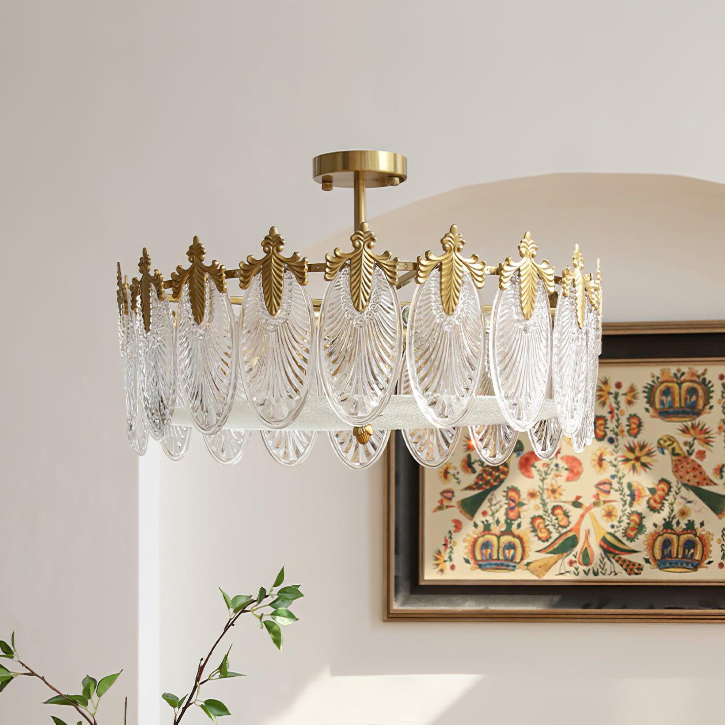Decorative Pattern Glass Round Chandelier — Petal Glass Dome Ceiling Light