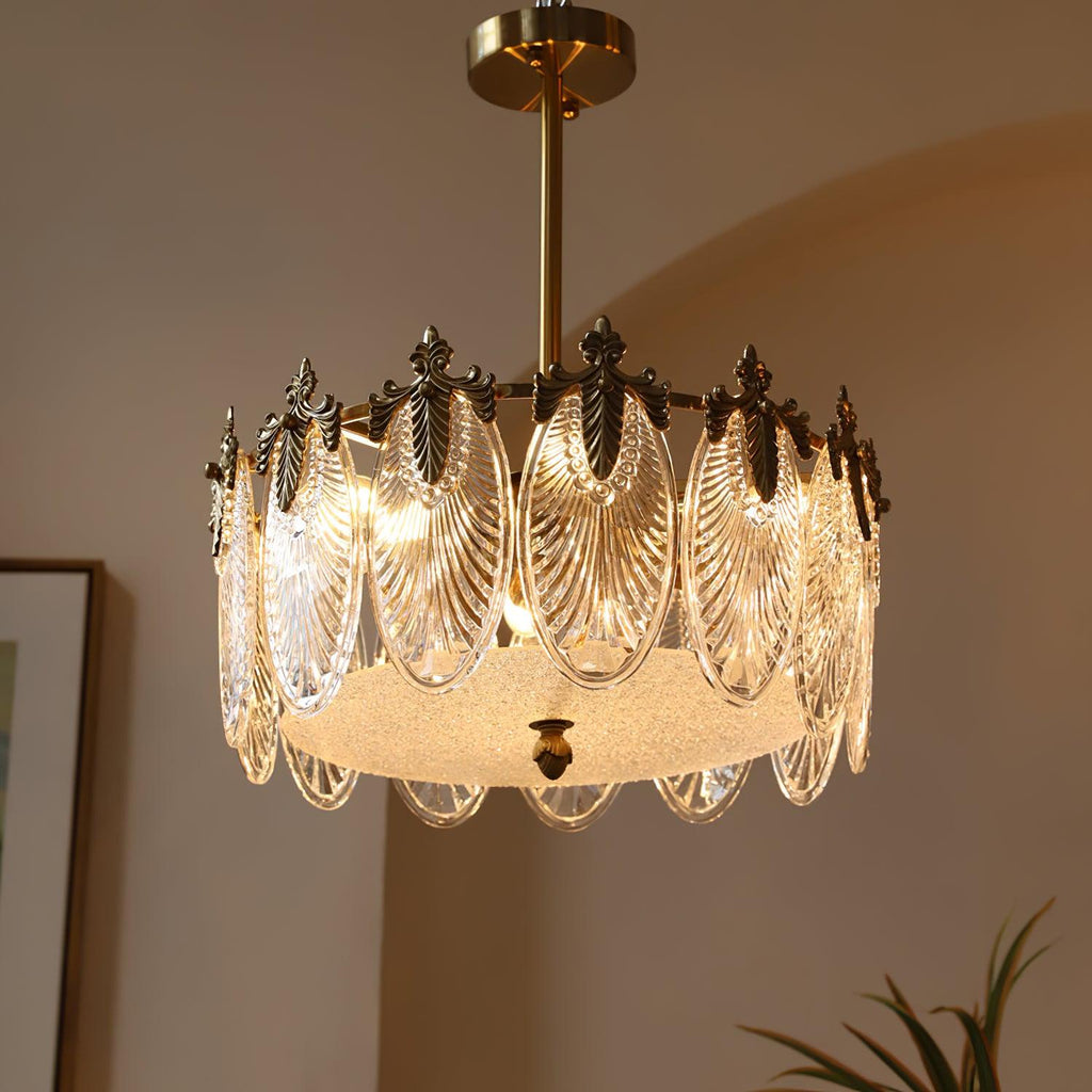 Decorative Pattern Glass Round Chandelier — Petal Glass Dome Ceiling Light