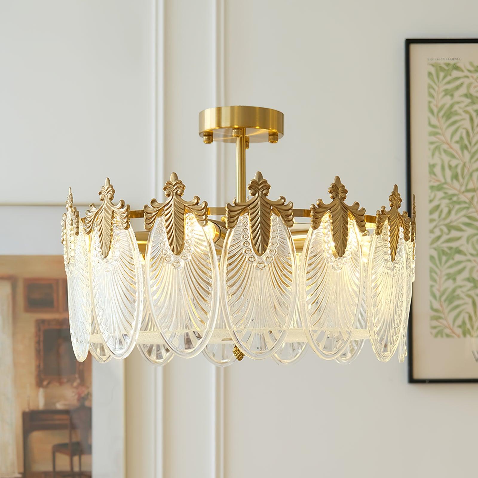 Decorative Pattern Glass Round Chandelier — Petal Glass Dome Ceiling Light