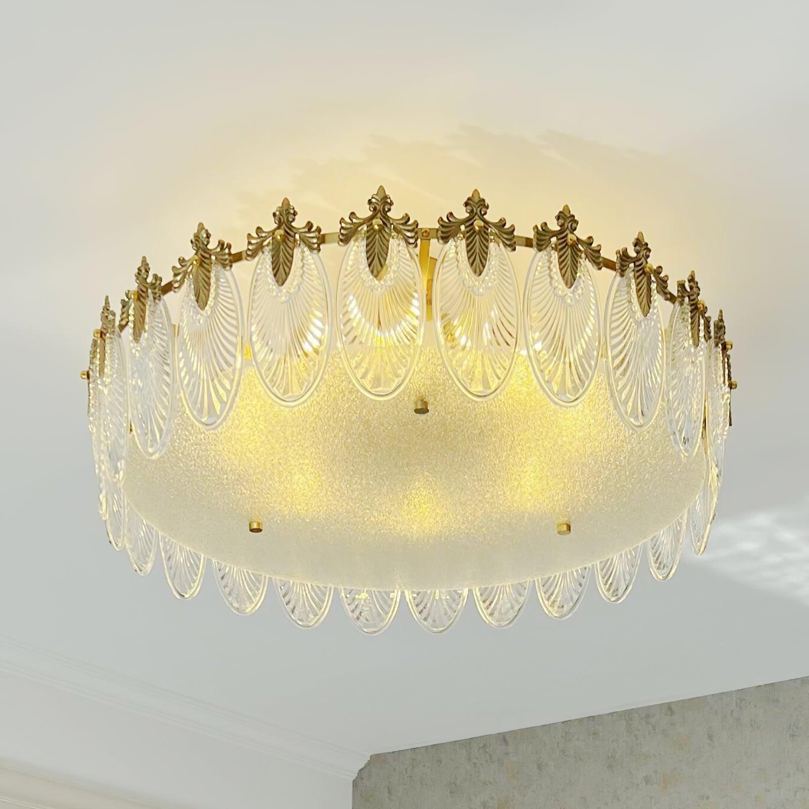 Decorative Pattern Glass Round Chandelier — Petal Glass Dome Ceiling Light