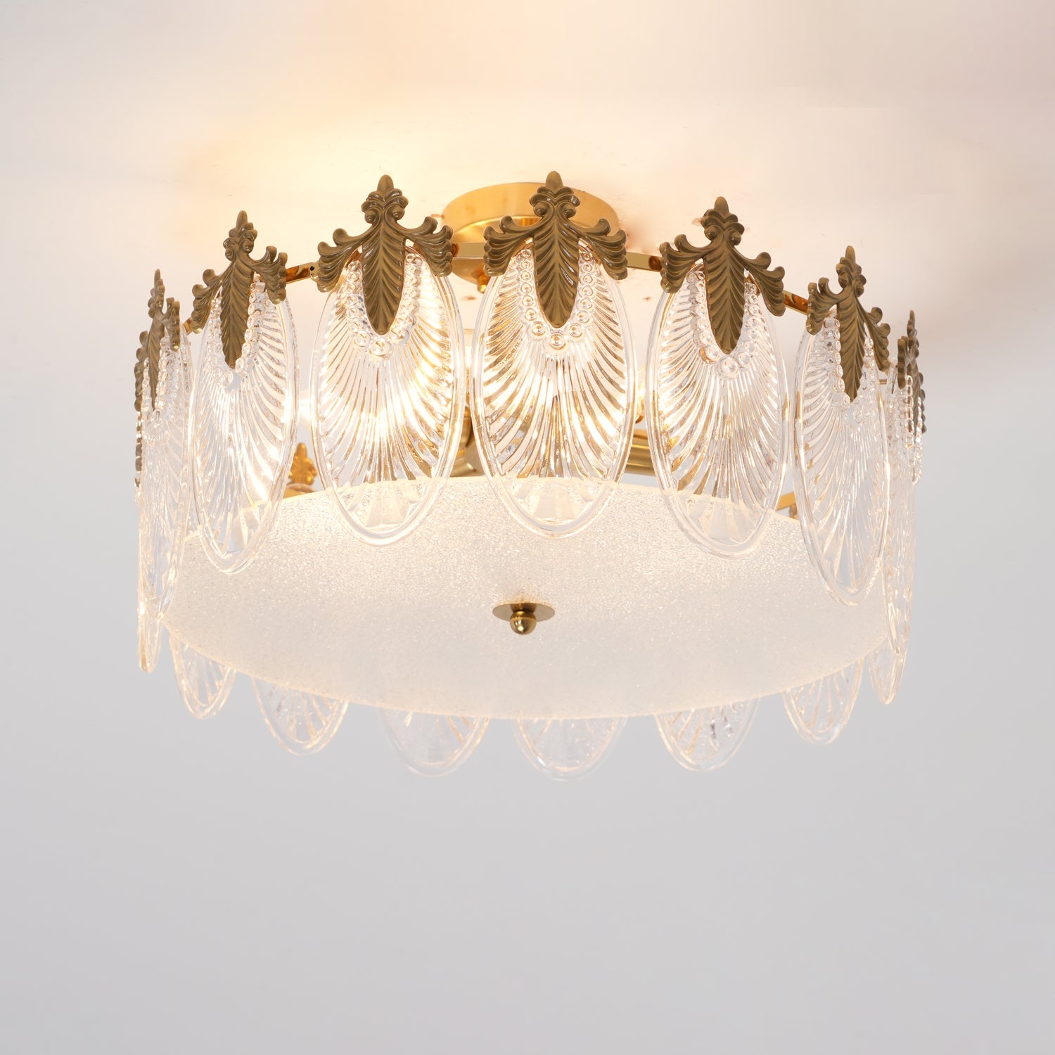 Decorative Pattern Glass Round Chandelier — Petal Glass Dome Ceiling Light