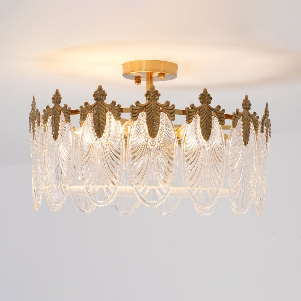 Decorative Pattern Glass Round Chandelier — Petal Glass Dome Ceiling Light
