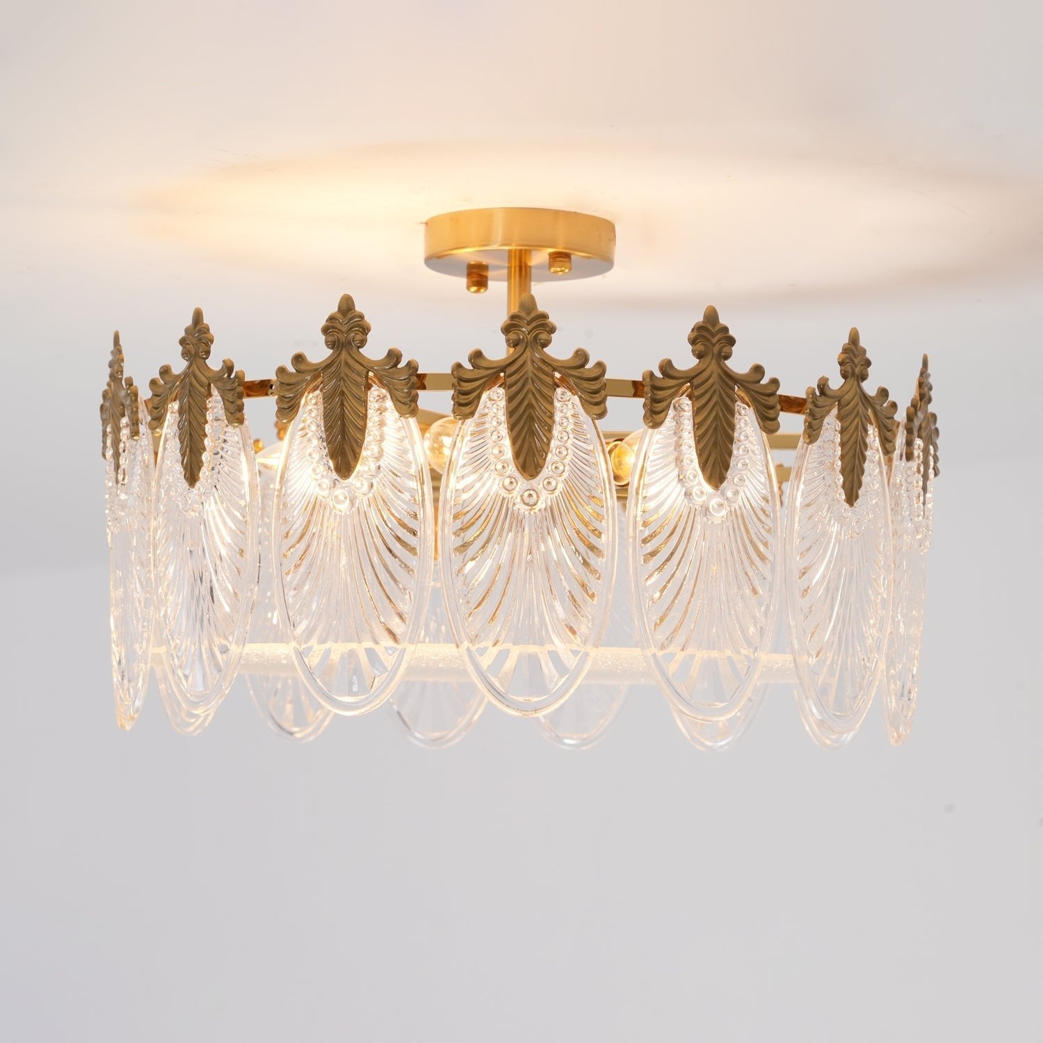 Decorative Pattern Glass Round Chandelier — Petal Glass Dome Ceiling Light
