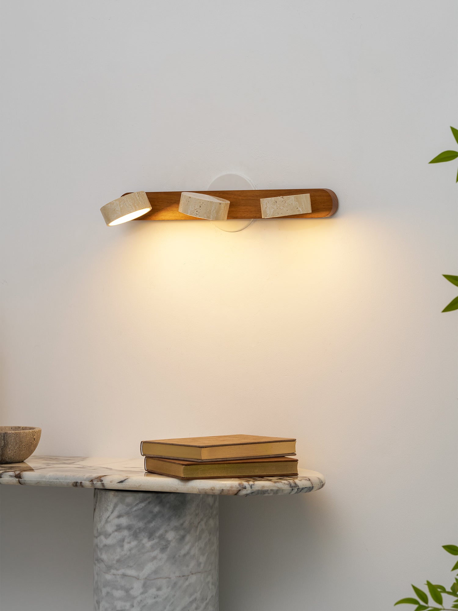 Travertine Duo Wall Light — Natural Stone & Wood Wall Sconce for Bedroom