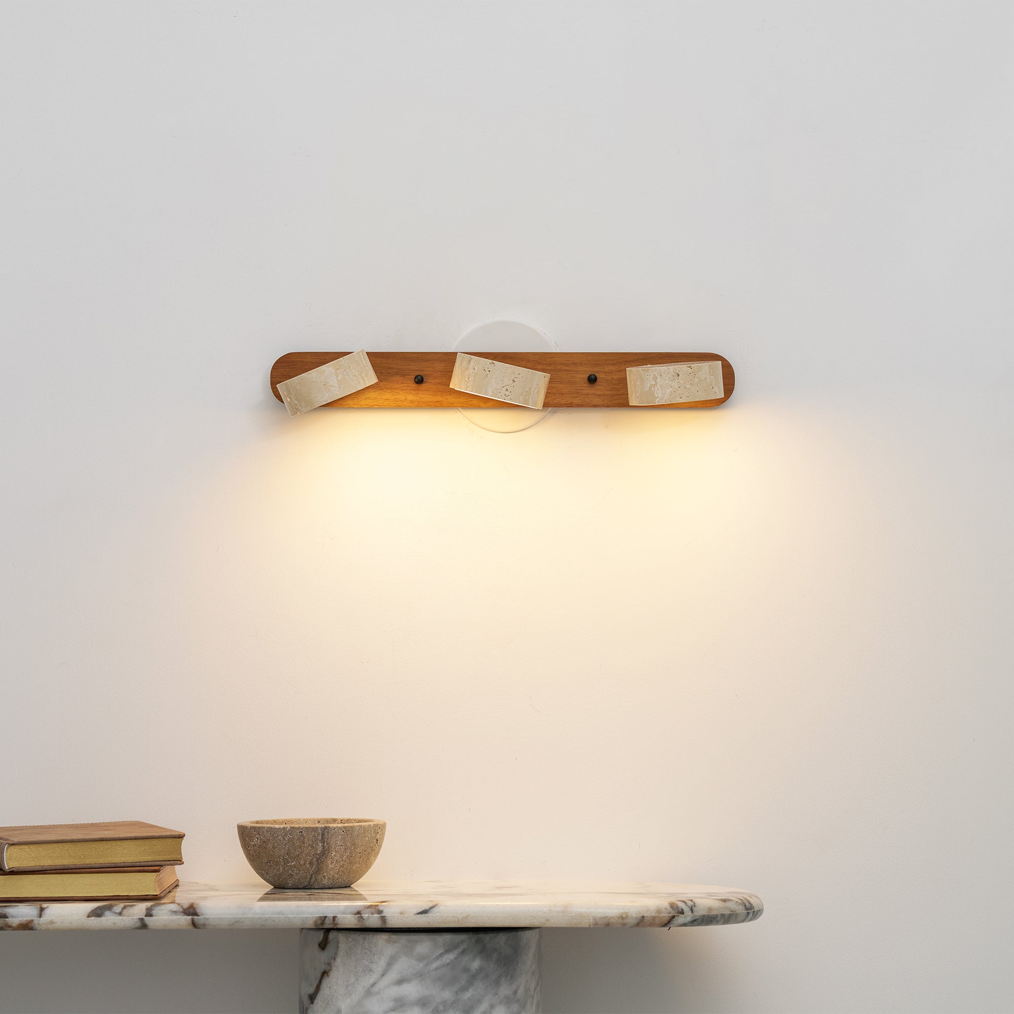 Travertine Duo Wall Light — Natural Stone & Wood Wall Sconce for Bedroom