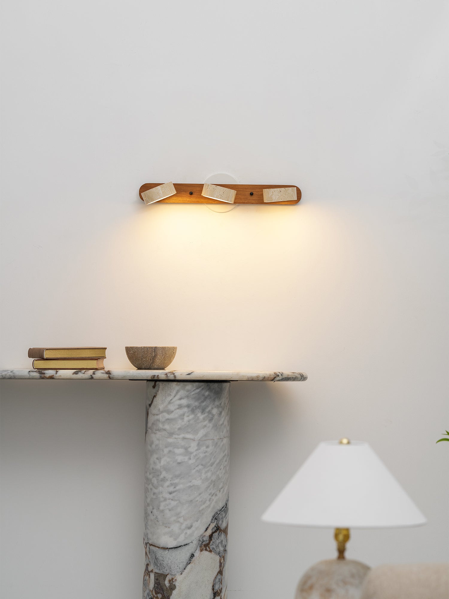 Travertine Duo Wall Light — Natural Stone & Wood Wall Sconce for Bedroom