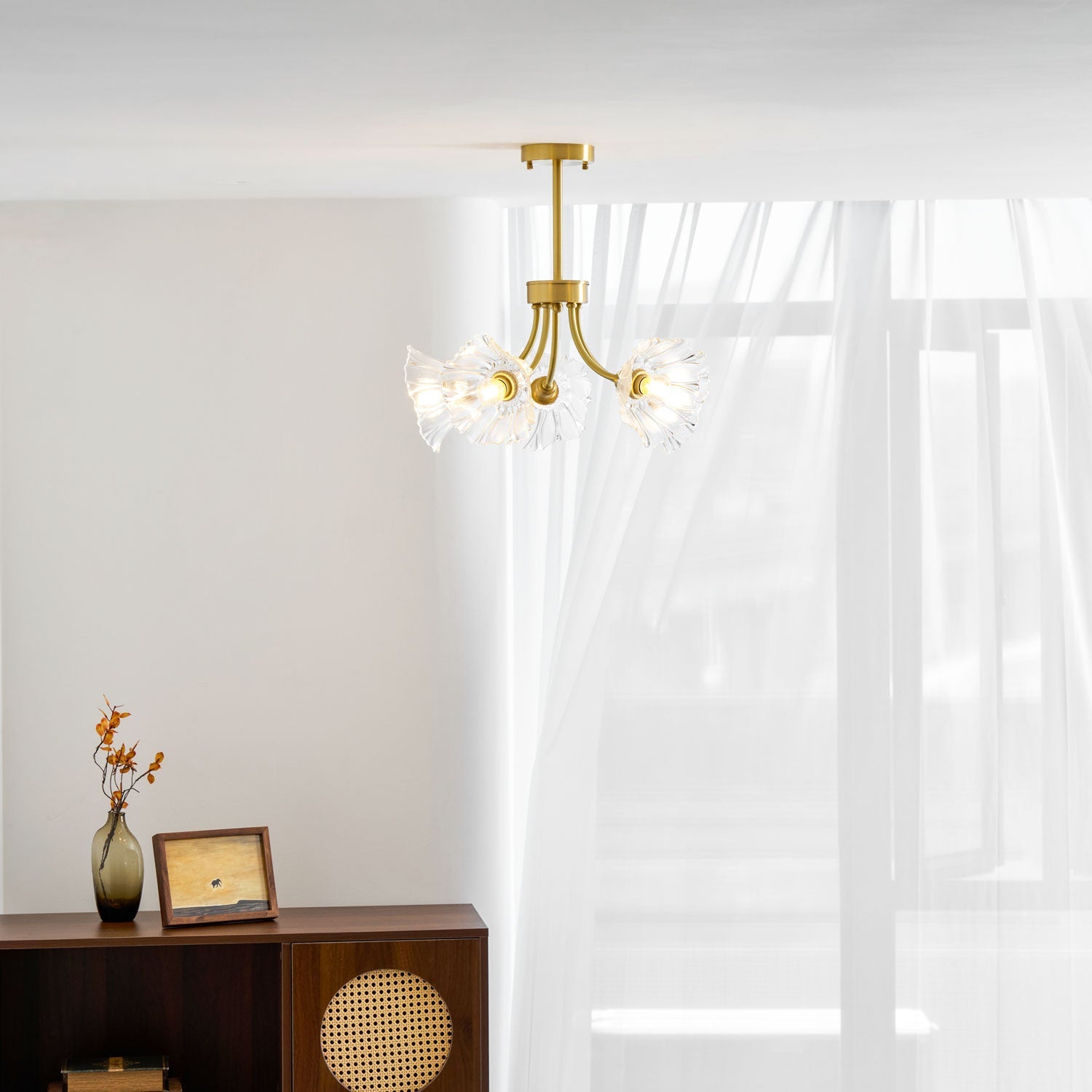 Kalin Flower Glass Chandelier — Brass Petal Glass Ceiling Light for Dining Room