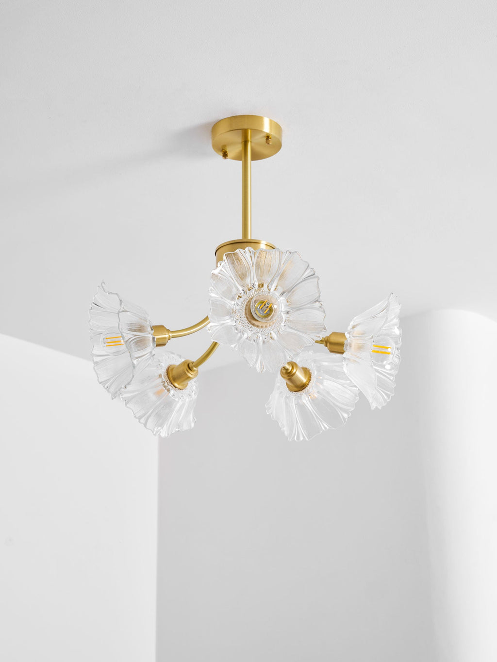Kalin Flower Glass Chandelier — Brass Petal Glass Ceiling Light for Dining Room