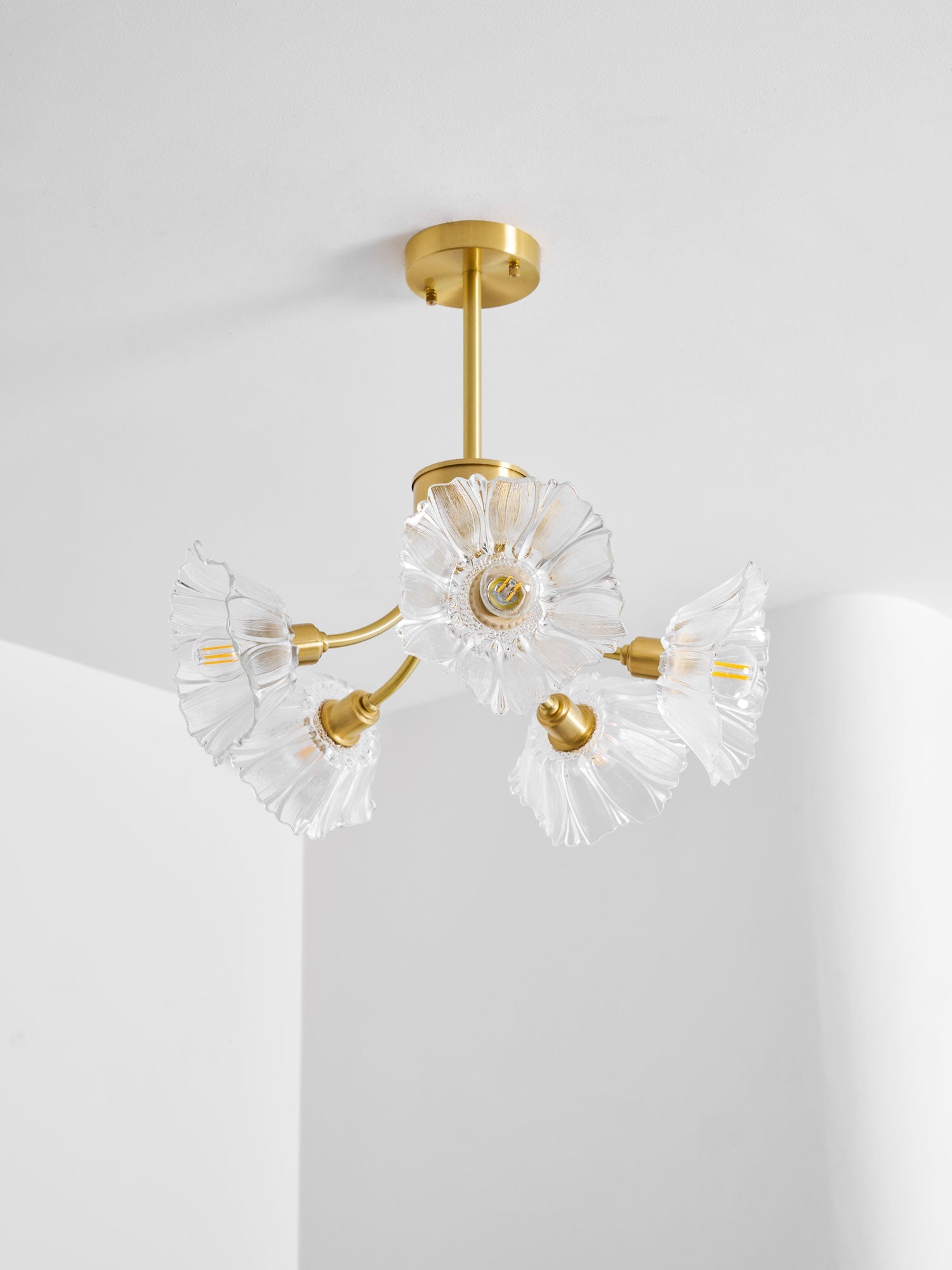 Kalin Flower Glass Chandelier — Brass Petal Glass Ceiling Light for Dining Room