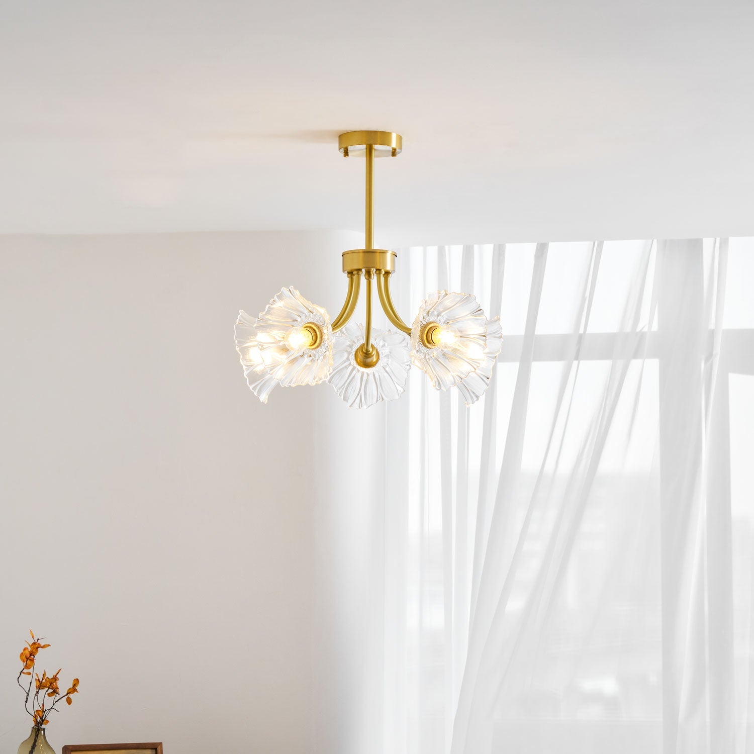 Kalin Flower Glass Chandelier — Brass Petal Glass Ceiling Light for Dining Room