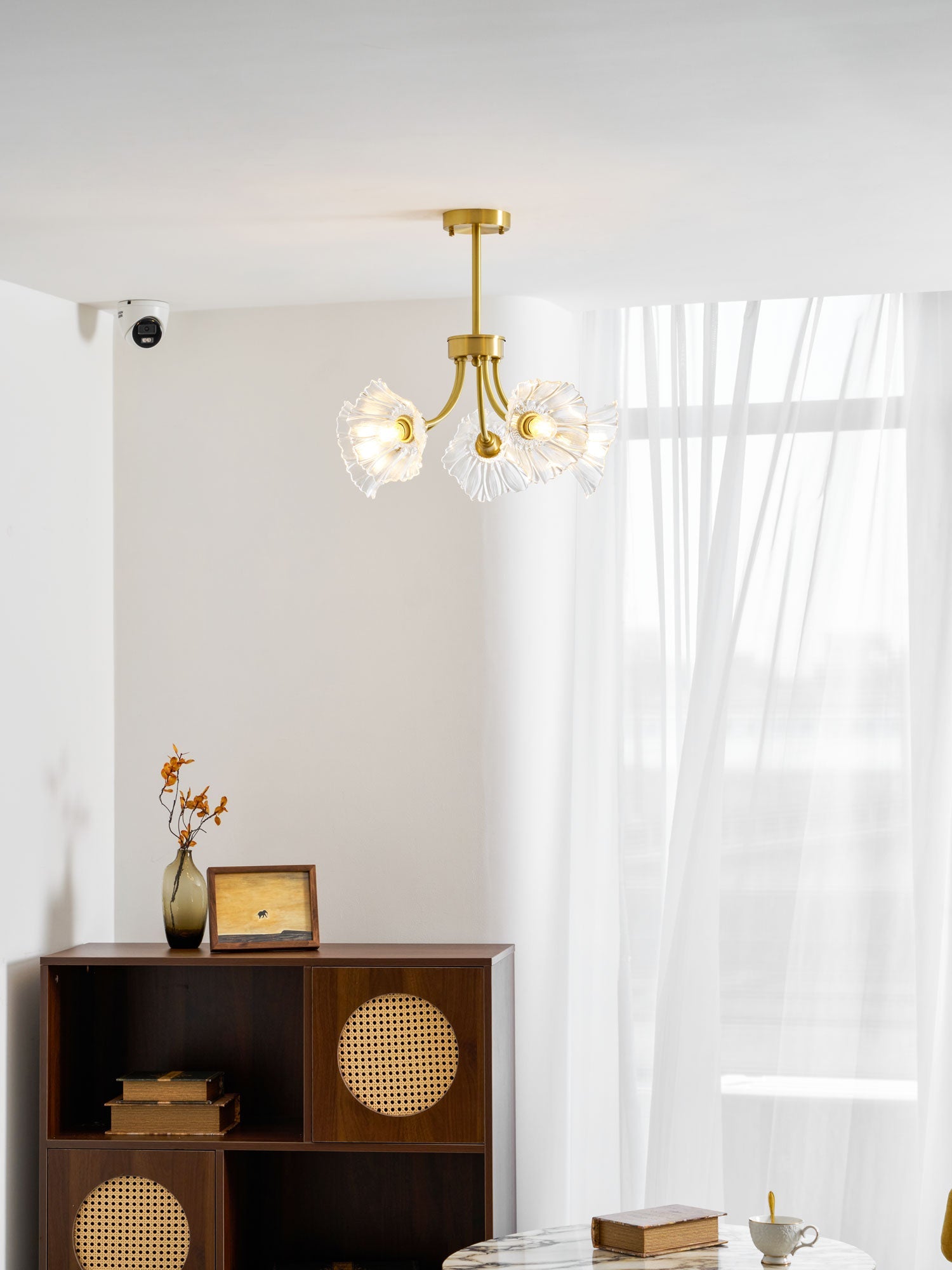 Kalin Flower Glass Chandelier — Brass Petal Glass Ceiling Light for Dining Room