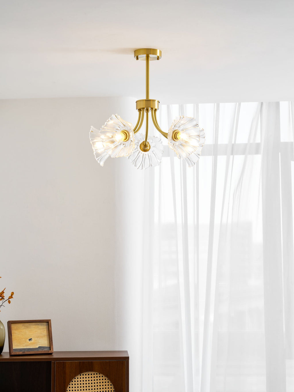Kalin Flower Glass Chandelier — Brass Petal Glass Ceiling Light for Dining Room