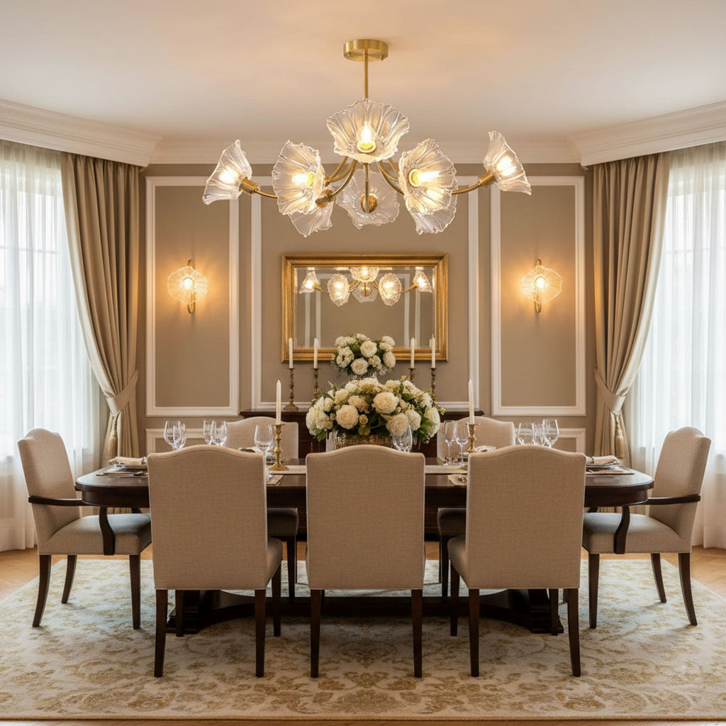 Kalin Flower Glass Chandelier — Brass Petal Glass Ceiling Light for Dining Room
