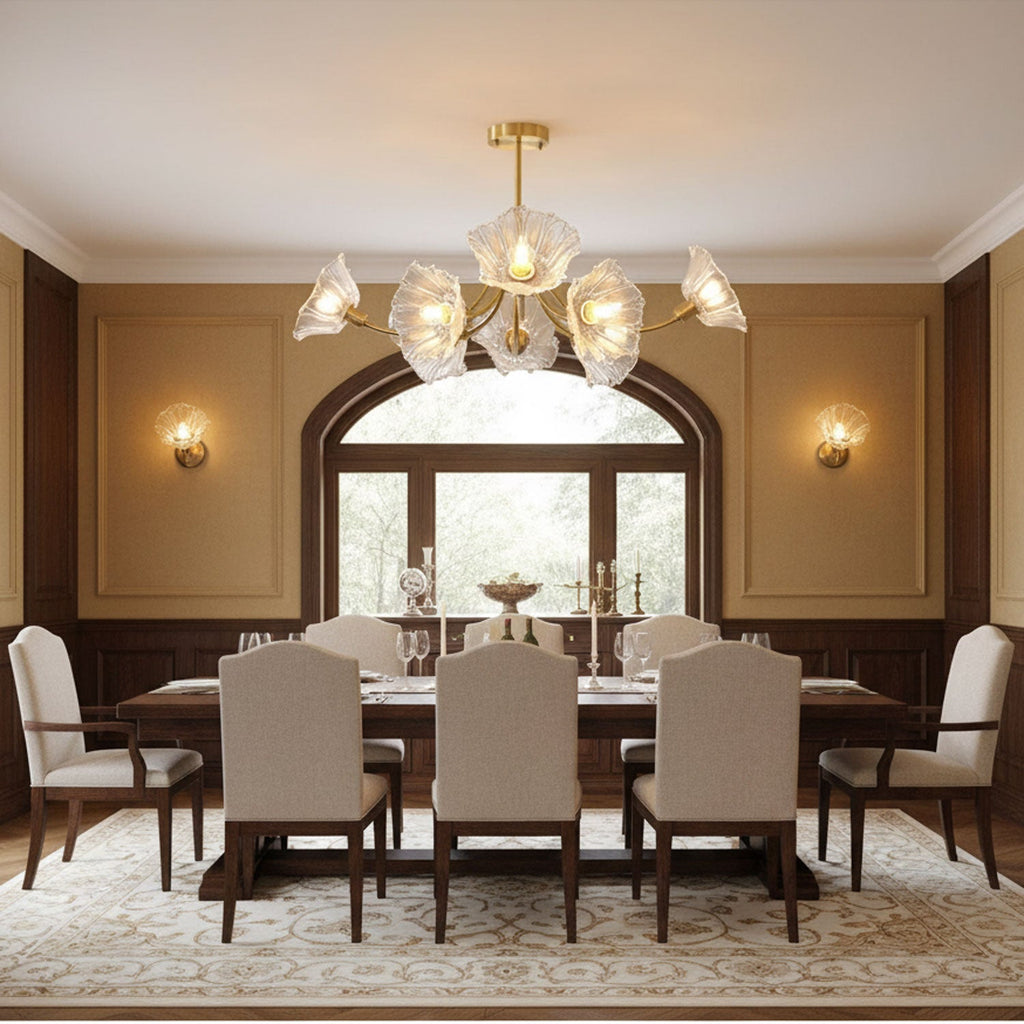 Kalin Flower Glass Chandelier — Brass Petal Glass Ceiling Light for Dining Room