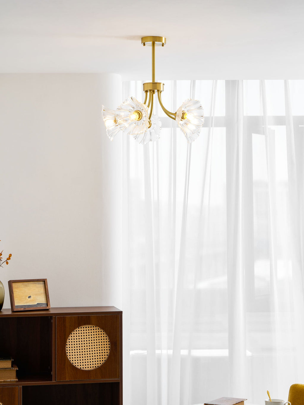Kalin Flower Glass Chandelier — Brass Petal Glass Ceiling Light for Dining Room