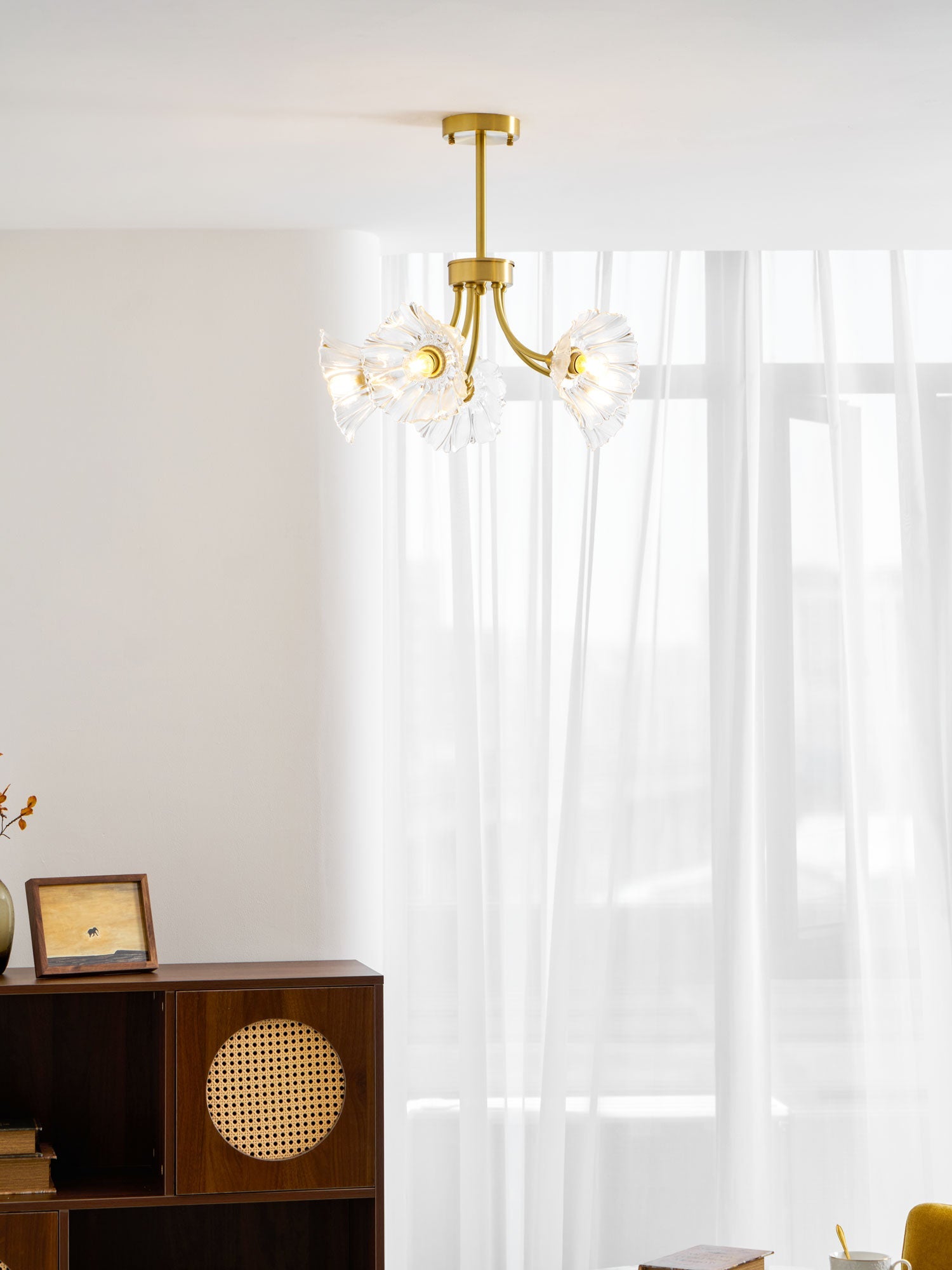 Kalin Flower Glass Chandelier — Brass Petal Glass Ceiling Light for Dining Room