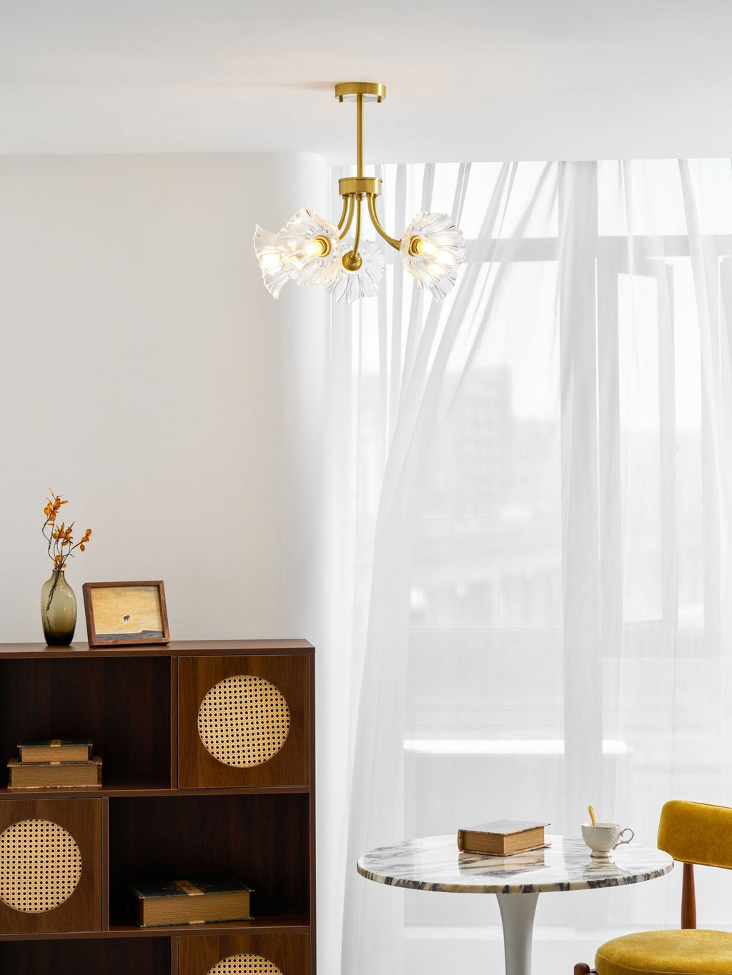Kalin Flower Glass Chandelier — Brass Petal Glass Ceiling Light for Dining Room
