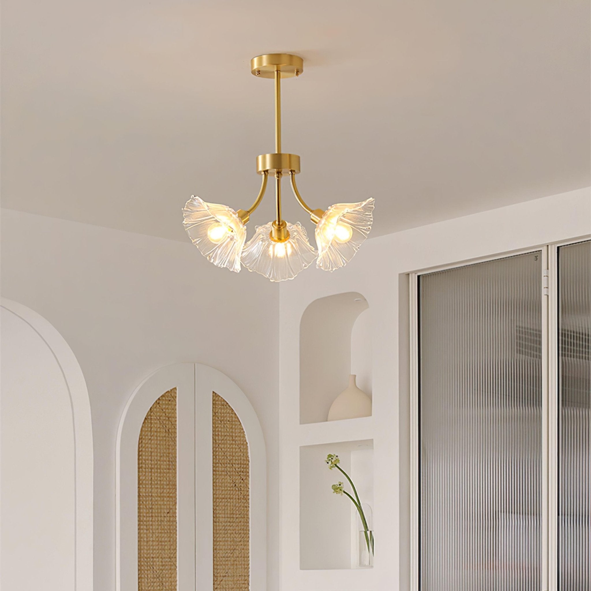 Kalin Flower Glass Chandelier — Brass Petal Glass Ceiling Light for Dining Room