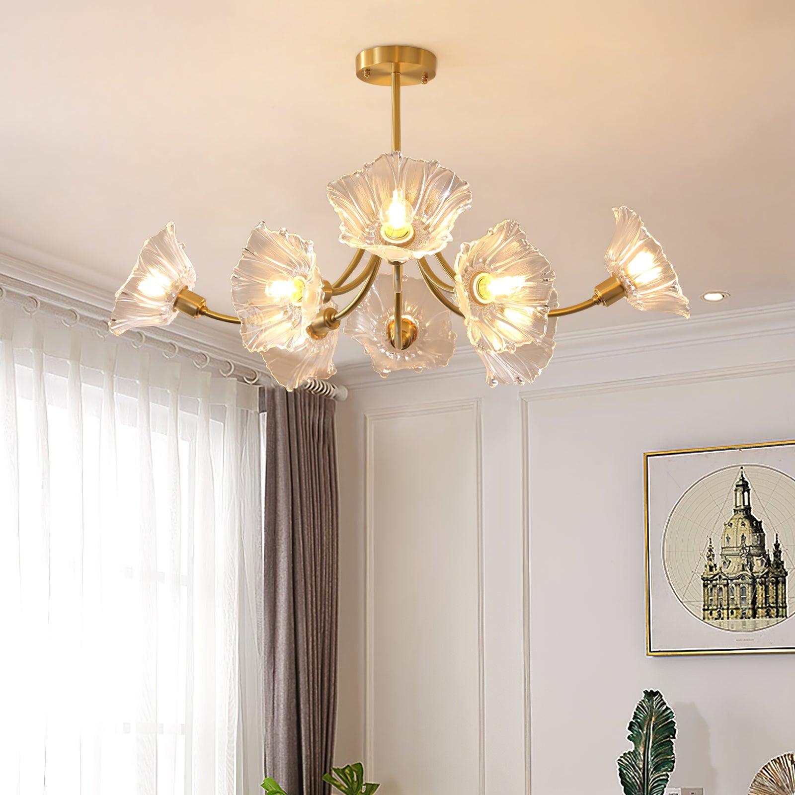 Kalin Flower Glass Chandelier — Brass Petal Glass Ceiling Light for Dining Room