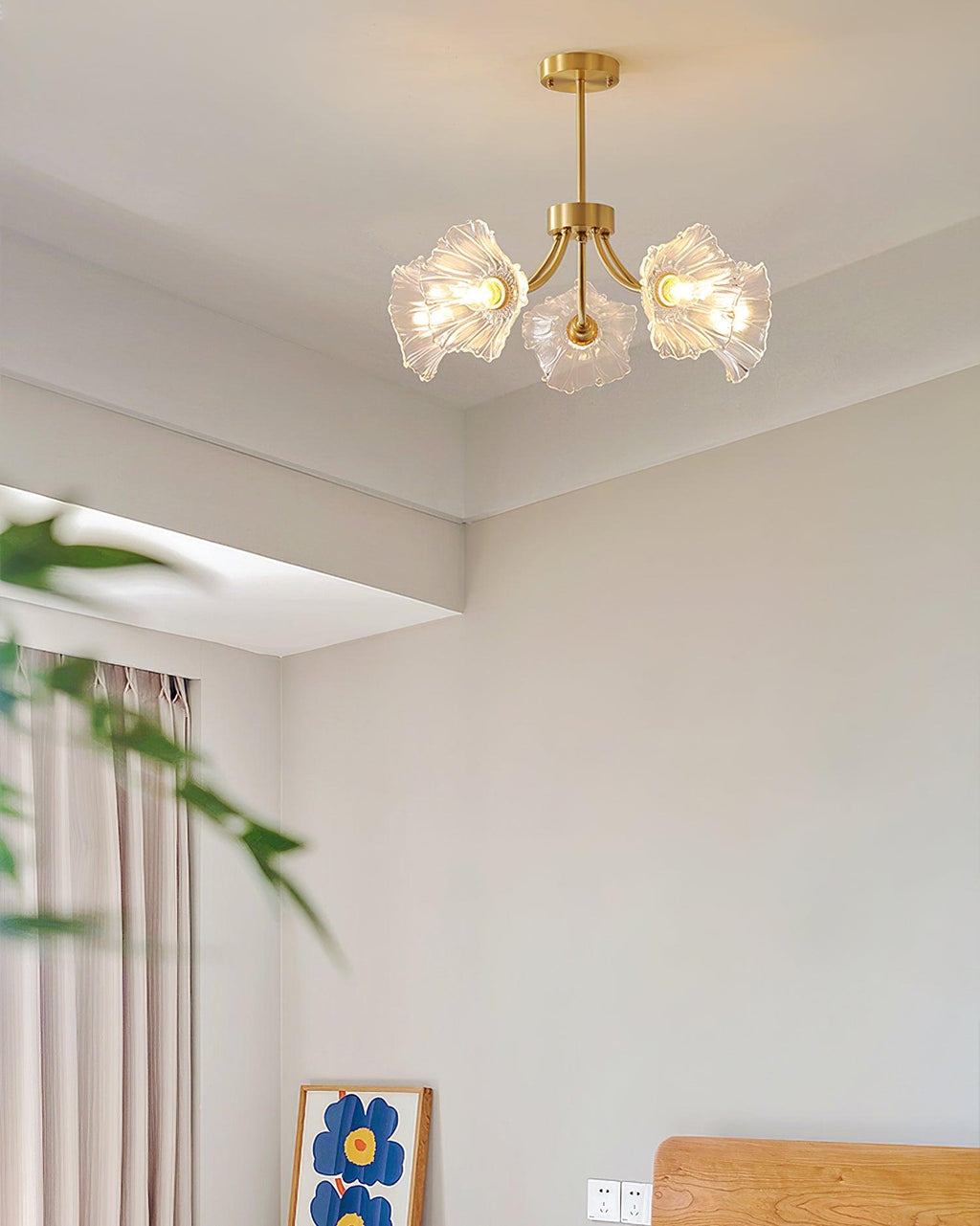 Kalin Flower Glass Chandelier — Brass Petal Glass Ceiling Light for Dining Room
